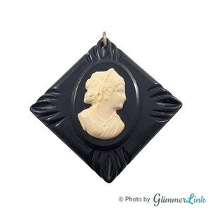 Vintage Black & White Victorian Style Mourning Cameo Square Rhombus Pendant
